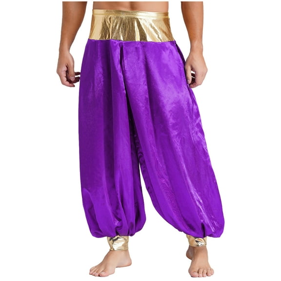 Mufeng Mens Magic Hippy Pants Satin Lanterns Trousers Arabian Prince Halloween Cosplay Party Costume Purple XL
