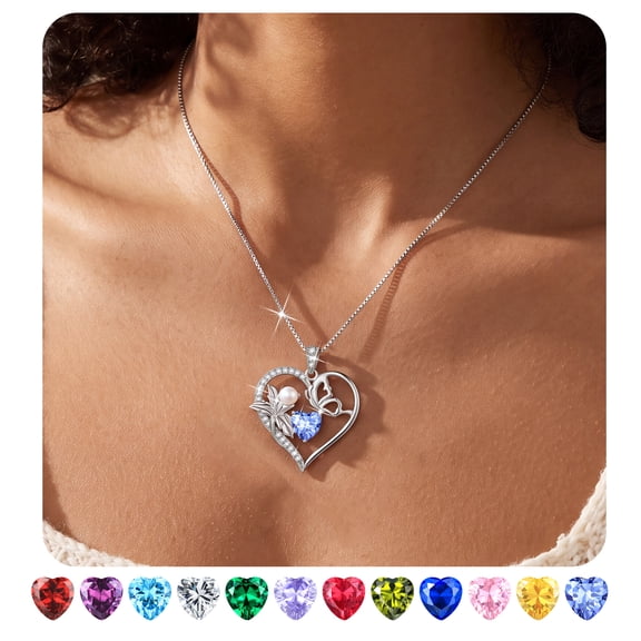 Fasjewly 925 Sterling Silver Flower Heart Birthstone Necklace,Butterfly & Iris Pearl Pendant Necklace Birthday Valentine's Day Christmas Jewelry Gifts for Women / Mom / Lovers,Stocking Stuffers Ideas