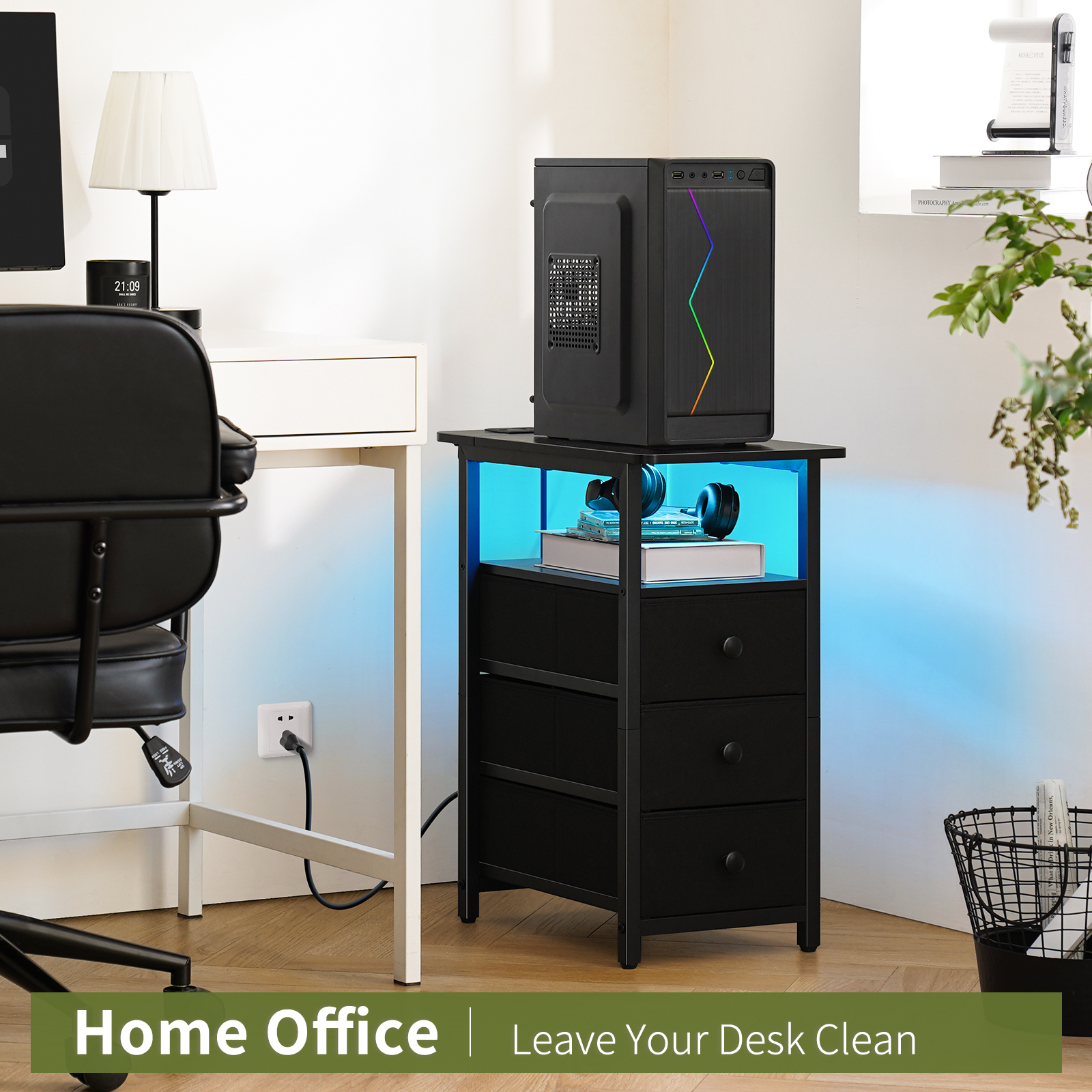 HomeYoobure Nightstand with LED Charging Station, Black photo 4