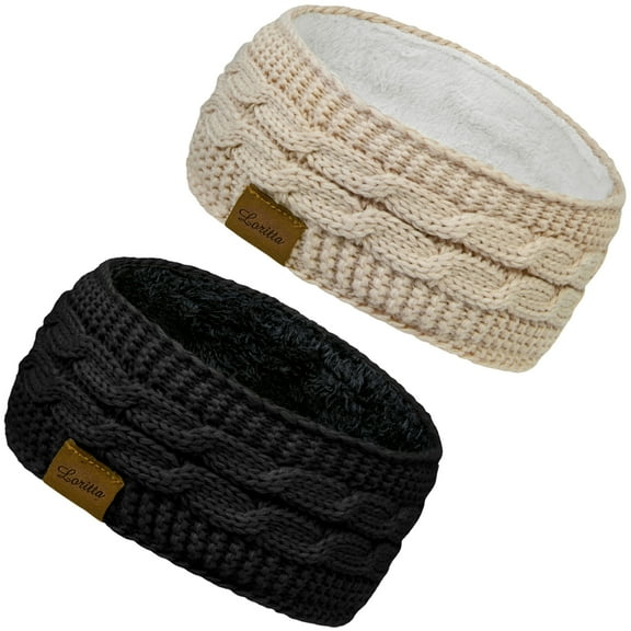 Loritta 2 Packs Warm Winter Headbands for Women Gifts Cable Crochet Turban Ear Warmer Headband Gifts Beige and Black