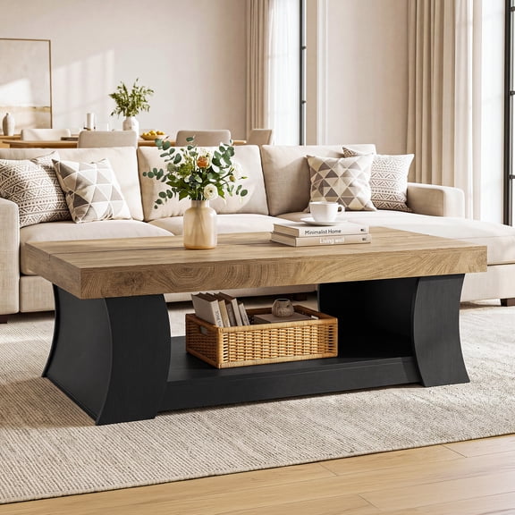 55" Coffee Table with Storage Shelf, Modern Farmhouse Wooden Center Table, Large Rectangle Living Room Table, Rustic Brown with Black Legs