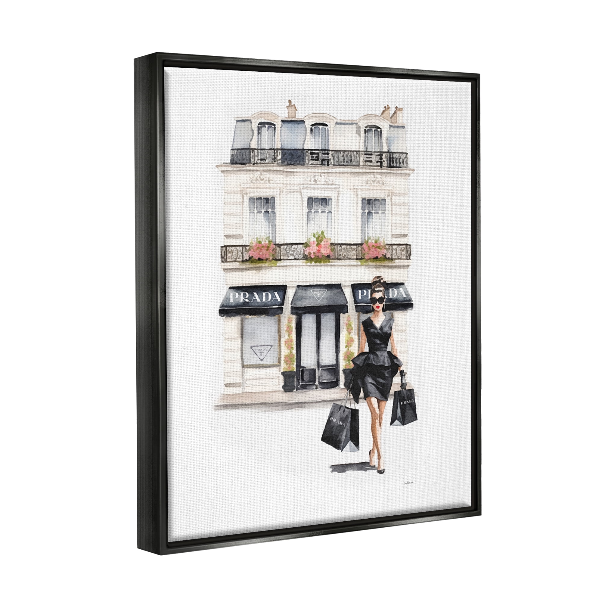Stupell Industries Trendy Shopping Woman Town & City Painting Black Floater Framed Canvas Art Print Wall Art, 25 x 31