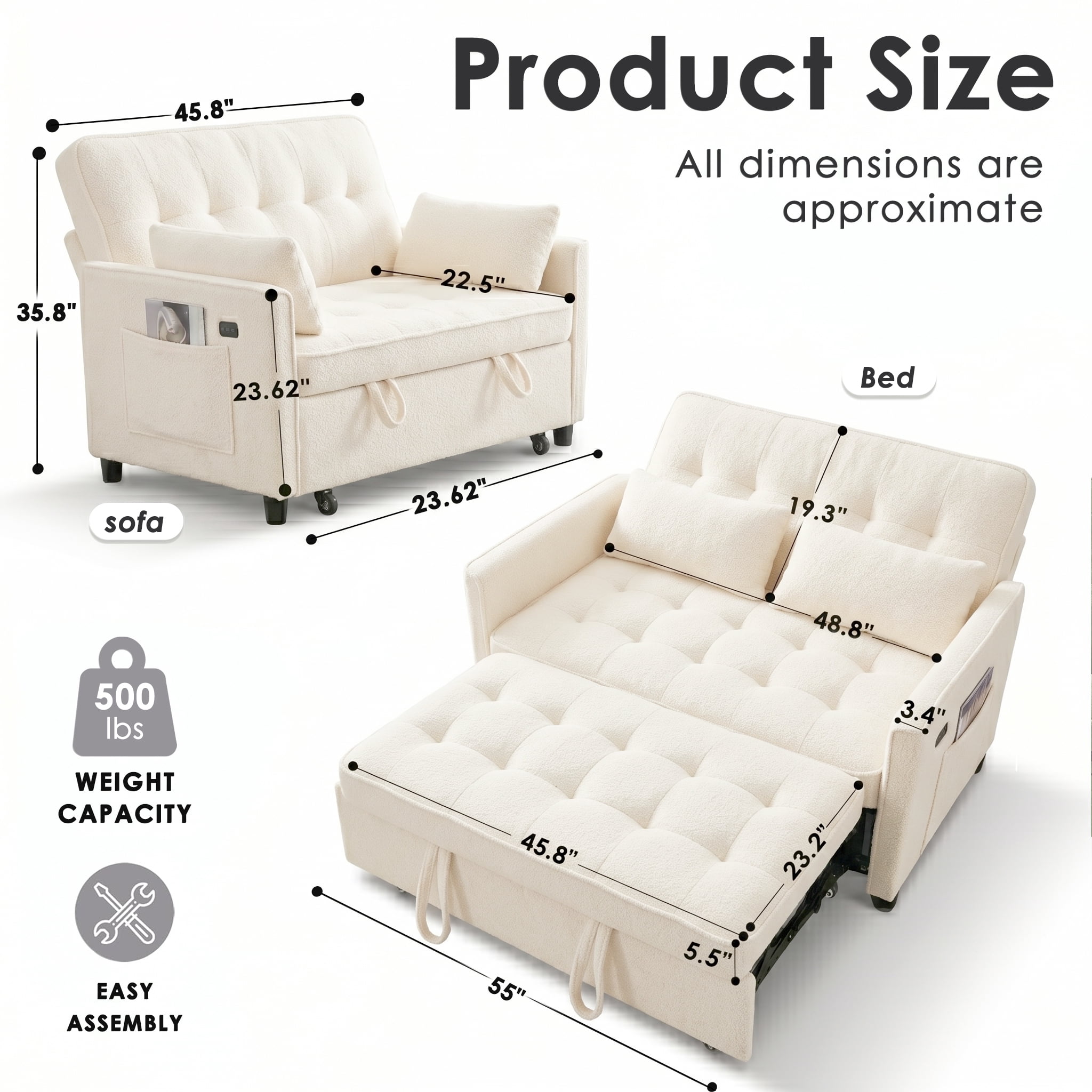avobird 55'' 3 in 1 Pull Out Sofa Bed, Convertible Couch with Adjustable Backrest/Side Pockets/USB Charging Ports, Sleeper Sofa for Living Room, Beige