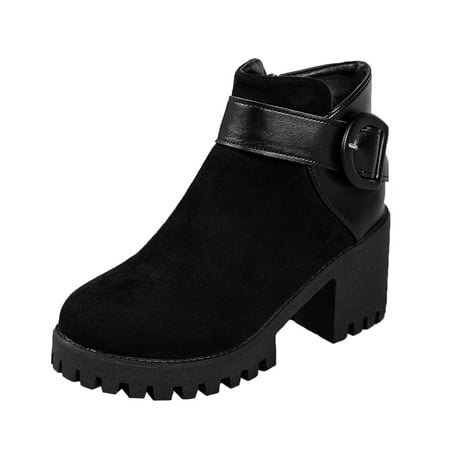 OJSFQUFP Women Ankle Boots Ladies Fashion Retro Suede Panel Belt Buckle Decoration Zipper Thick High Heel Short Boots Rain Shoes Black 40