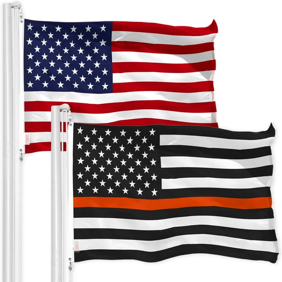 G128 Combo Pack: USA American Flag & Thin Orange Line Flag 3x5 FT Printed 150D Indoor/Outdoor, Vibrant Colors, Brass Grommets, Quality Polyester