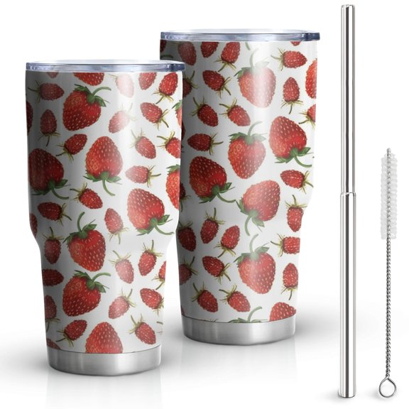 30oz Red Strawberry Plants Fruit White Pattern Tumblers Stainless Steel Tumbler with Lid and Straw,Vacuum Insulated Double Wall Travel Tumbler Cups Mug with Cleaning Brush for Coffee,Tea