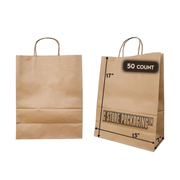 Kraft Paper Bags with Handle, 50ct, 13x17x7, Brown Paper Bags, Brown Gift Bags, Commercial Paper Bags, Grocery Bags, Handle Bags for Retail Stores, Gifts & Merchandise
