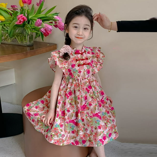 Robe Fille Manches à Volants à Étages Évasée Ligne A Robe d'Été Robe de Princesse Robes à Fleurs pour Filles Robe pour Occasion Spéciale