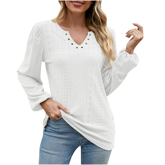 Besolor Women's Fall Tunic Tops Trendy V Neck Long Sleeve Eyelet Shirts Casual Ladies Going out Dressy Blouses Tee