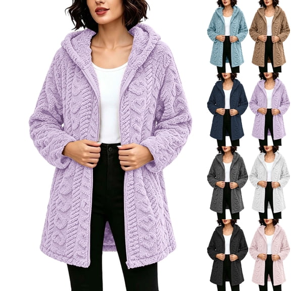 Women's Fleece Warm Hooded Coats Full Zip Long Sleeve Double-sided Velvet Mid‑Length Jacket Outerwear