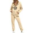 thumbnail image 3 of UJNDER Women's Casual Tracksuit Set Letter Print Drawstring Hoodie Jogger Pants Long Sleeve Zip Up Outfit with Pockets Pant Suits for Women Beige S, 3 of 4