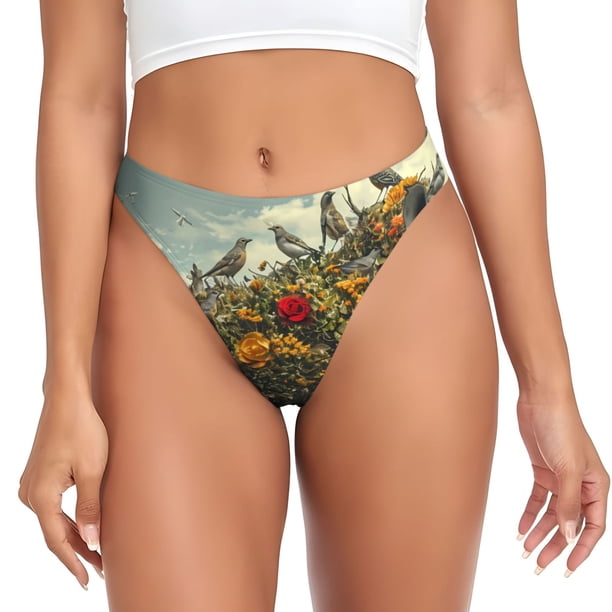 Fotbe Floral Rhino With Birds Tanga Sin Costuras para Mujer con Estampado – Panties Invisibles, Transpirables y Cómodos para Uso Diario-4X-Large