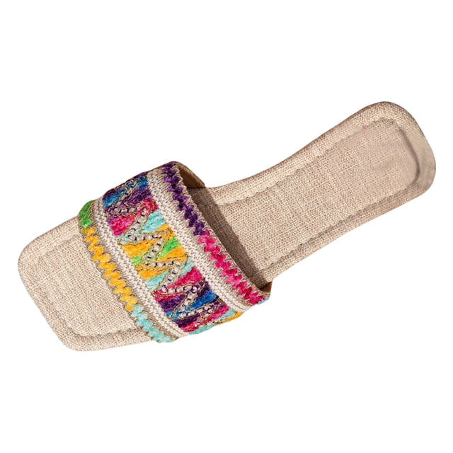 IUJSOY Womens Single Embroidery Band Slides Sandals Square Open Toe Slip on Summer Beach Flat Sandal