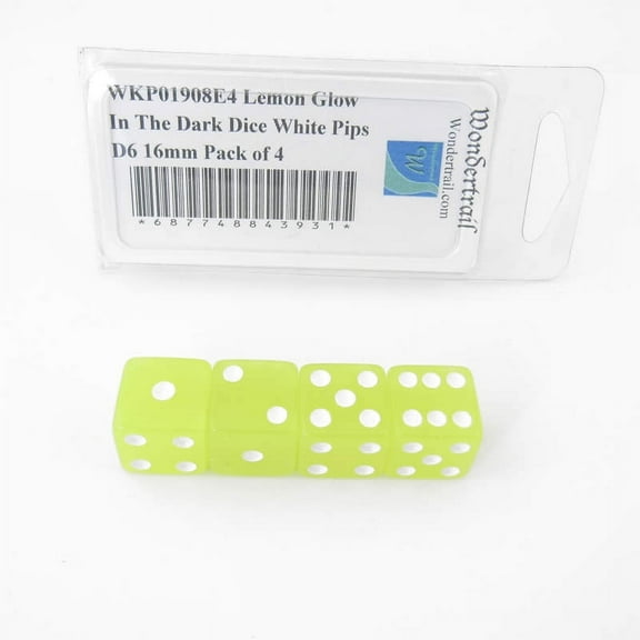 Lemon Glow In The Dark Dice with White Pips D6 16mm (5/8in) Pack of 4 Wondertrail