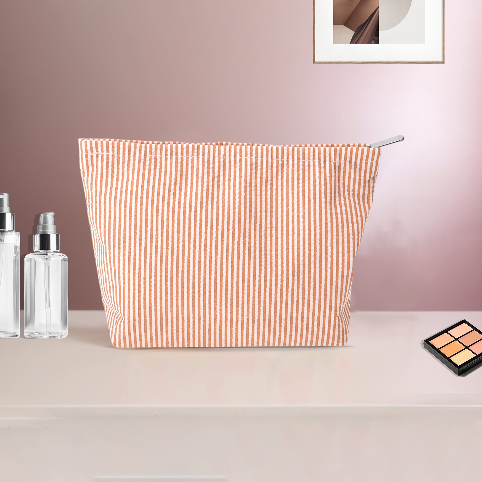 Unique Bargains 1 Pc Seersucker Stripes Makeup Bag Orange