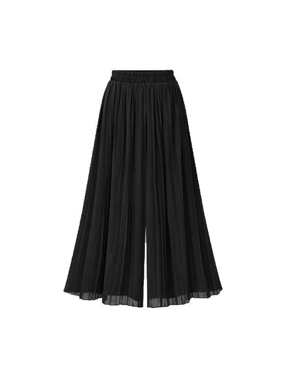 Capri Pants for Women Casual Chiffon Loose Fitted Elastic Waist Pleated Wide Leg Summer Elegant Beach Flowy Cropped Pants A-Line Culottes