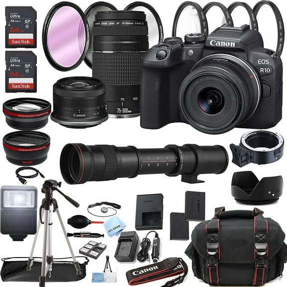 Canon EOS R10 Mirrorless Digital Camera with RF-S 18-45mm is STM Lens   75-300mm Lens   420-800mm Super Telephoto Lens   128GB Memory   Case   Tripod   Filters 45pc Bundle