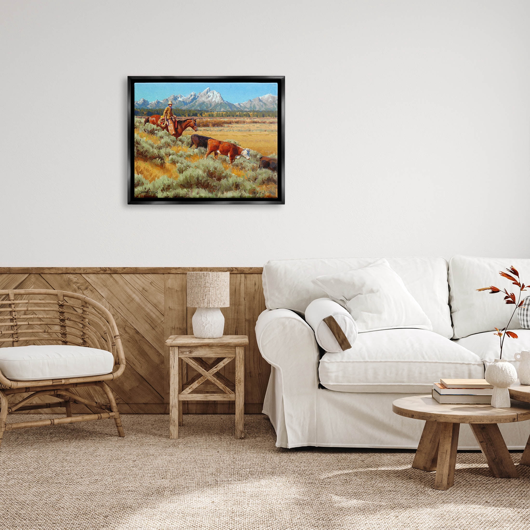 Western Ranch Horse Cattle Animals & Insects Painting Jet Black Framed Art Print Wall Art