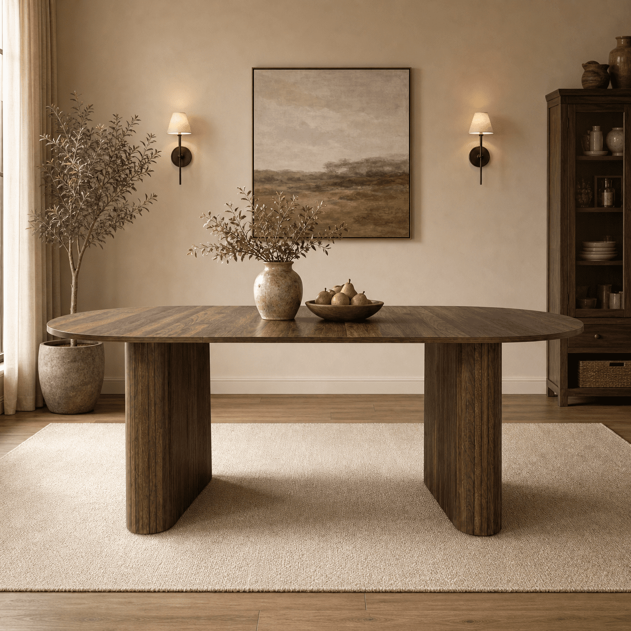 Oval Dining Table 70.87 Inch, Farmhouse Kitchen Table with Wood Strip Metal Base and Rounded Edges, Living Room and Reception Furniture, Walnut Brown