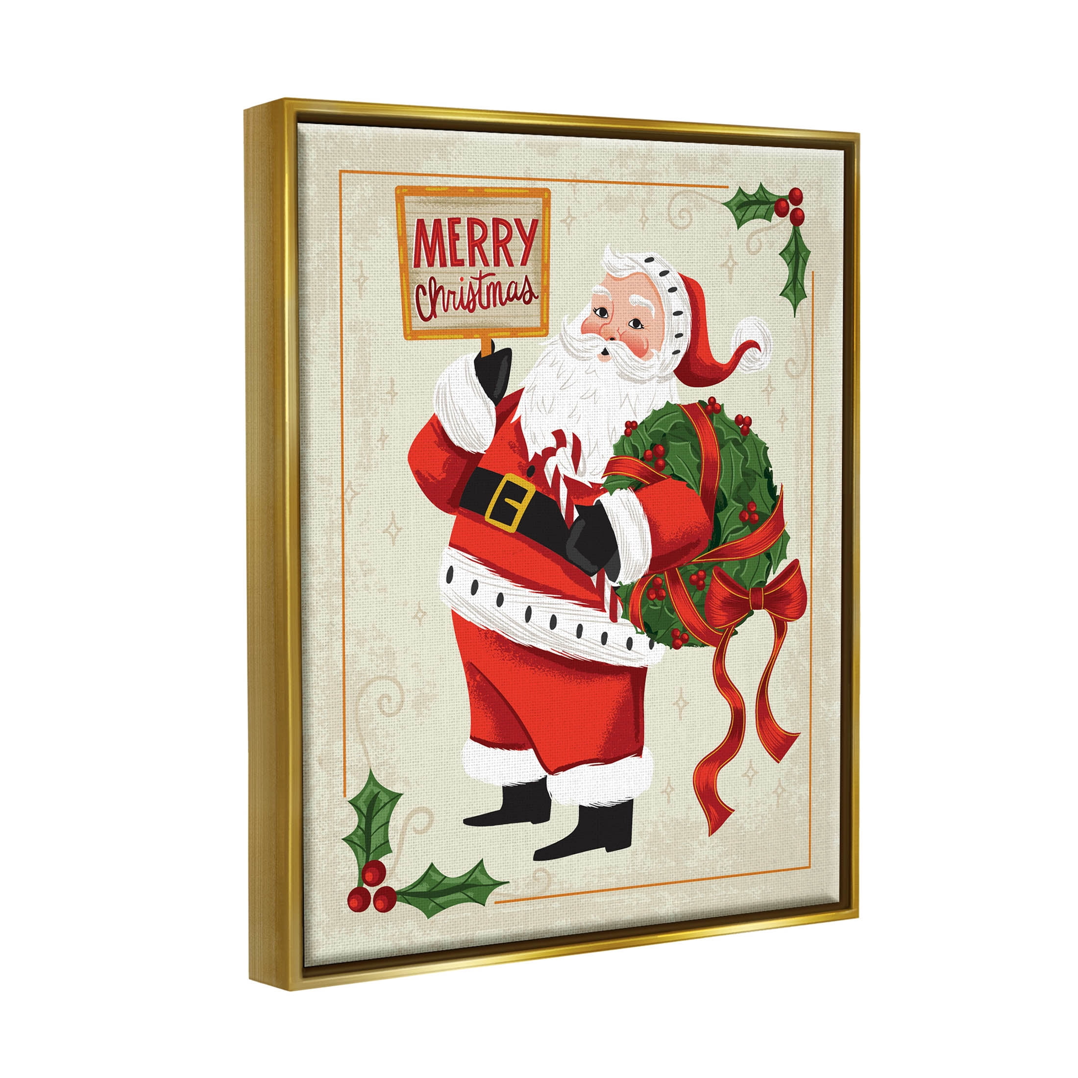 Merry Christmas Vintage Santa Holiday Graphic Art Metallic Gold Framed Art Print Wall Art