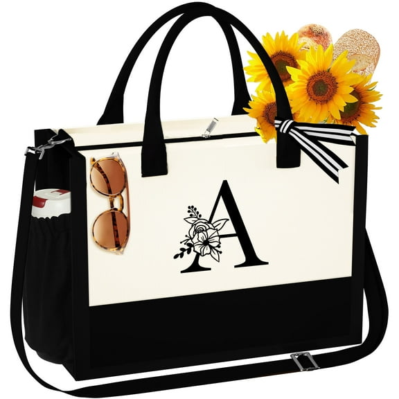 TINGN Initial Tote Bag for Women Embroidery Initial Canvas Beach Tote Bag Mothers Day Birthday Gift for Women Friend Sister Mom Teacher Appreciation Gifts Bride Wedding Gifts