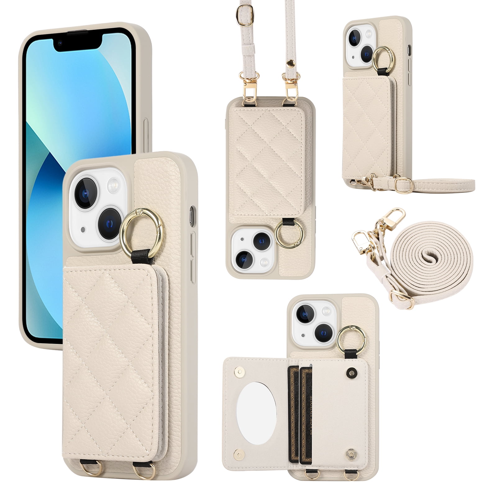 ELEHOLD Case for iPhone 13,Detachable Lanyard Crossbody Leather Wallet Case with Ring Holder & Mirror,White