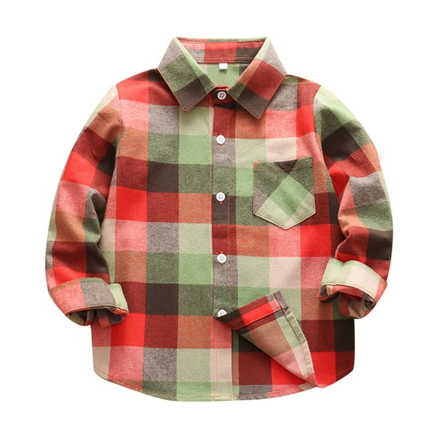 Gibobby Camisa Elegante Para Niños Chaqueta de franela para niños pequeños, a cuadros, de manga larga, con solapa y botones, para bebés, niños y niñas, camisa, abrigo, prendas(Anaranjado, 5-6 Años)