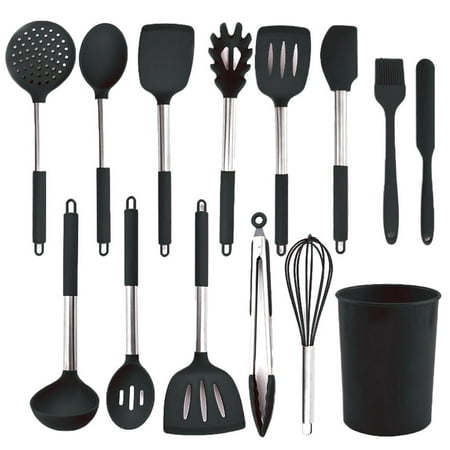 

13-Piece Premium Non- Silic Kitchen Utensil Set Heat Resistant Cooking Utensils with Hooks - Includes:Fork Turner Ladle Tongs etc Black