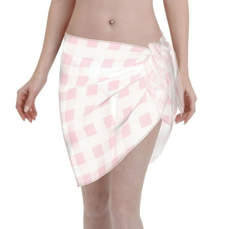 Coaee Pink Checkboard Women s Short Sarongs Beach Wrap Sheer Bikini Wraps Chiffon Cover Ups for Beach  Swimming  Holiday