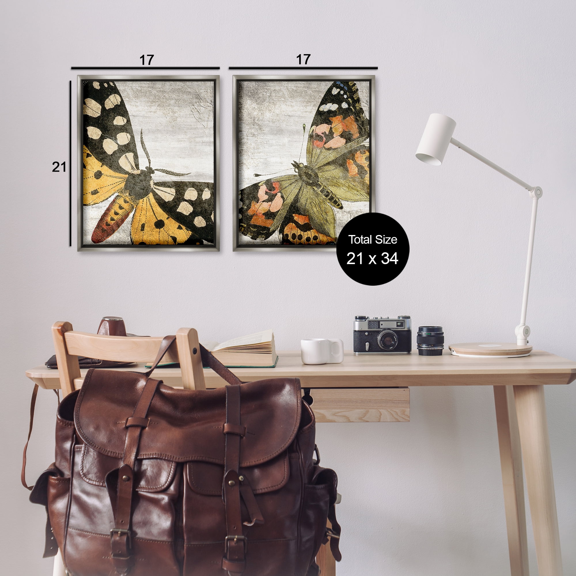 Stupell Industries Vintage Spotted butterflies Animals Painting Gray Floater Framed Canvas Art Print Wall Art, 17 x 21, Set of 2
