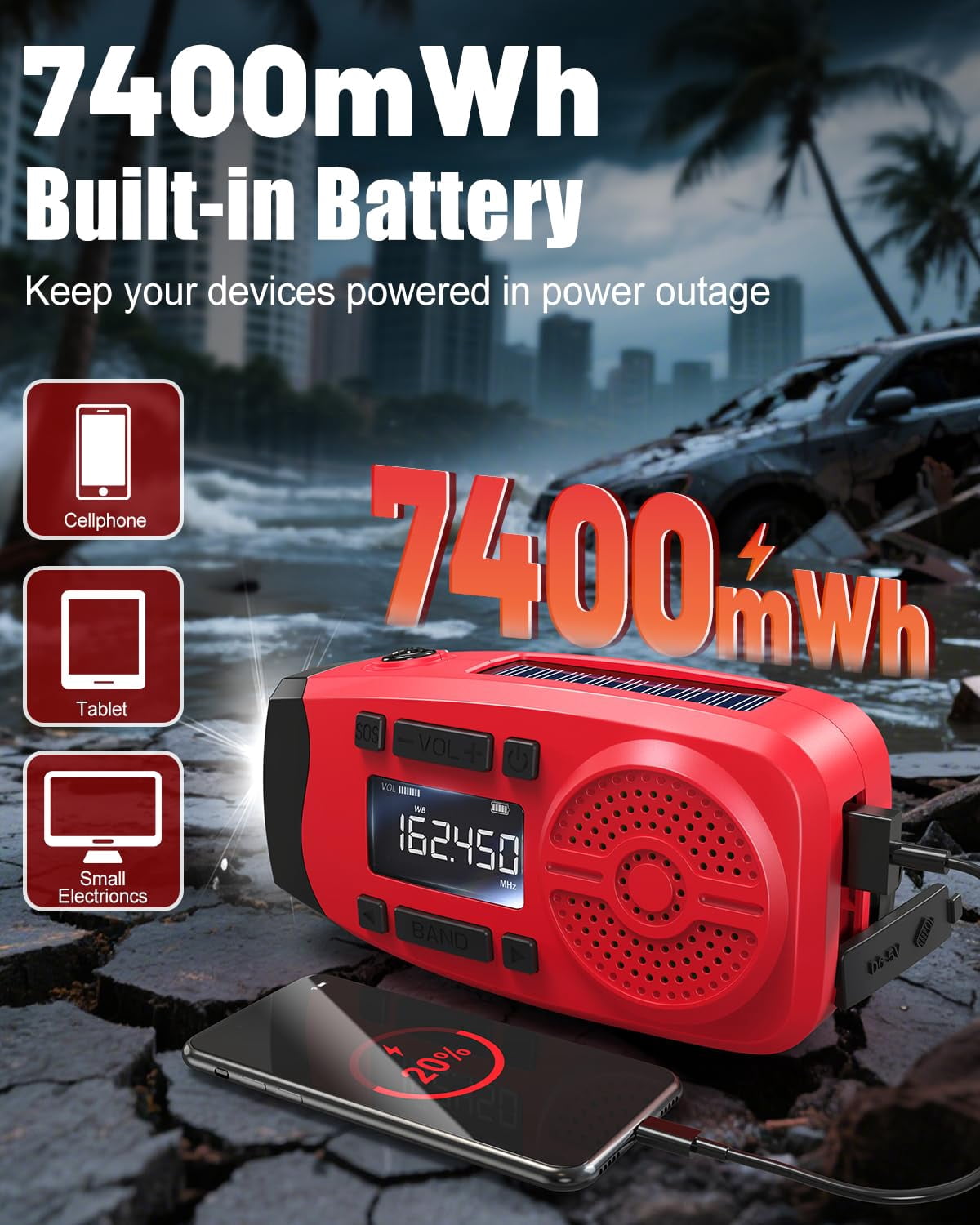 Emergency Weather Radio  7400mwh Hand Crank With Lcd Display Support Alert Usb/solar/hand 1w Flashlight & Sos Alarm For Outdoor Home