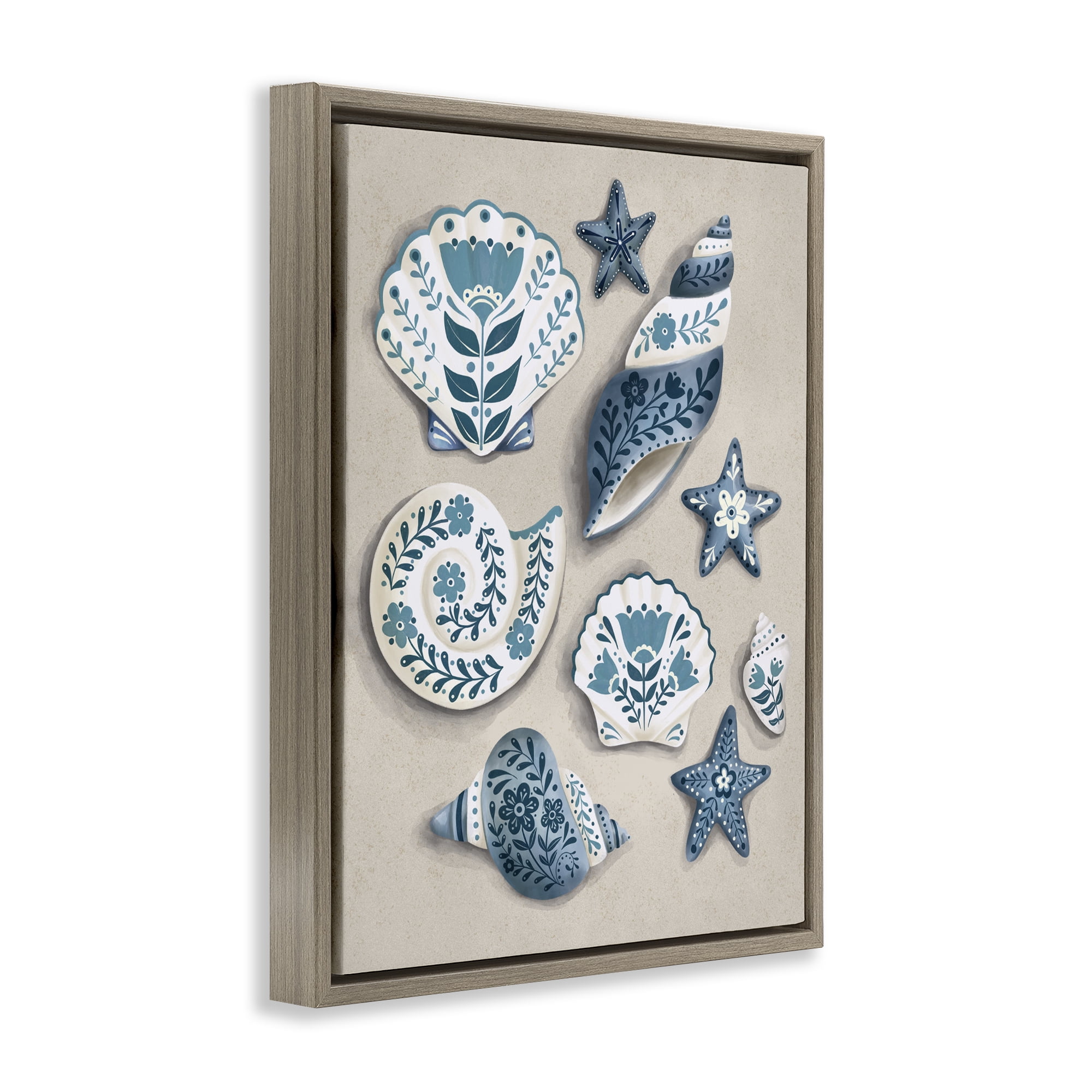 Stupell Industries Teal Nautical Floral Seashells Brown Framed Floater Canvas Wall Art, design by Penny Aguilera