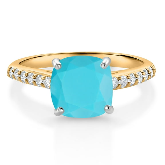 Gem Stone King 10K Yellow Gold 8MM Cushion Cut Green Turquoise and White Lab Grown Diamond Engagement Ring for Women (2.18 Cttw, Gemstone, Size 9)