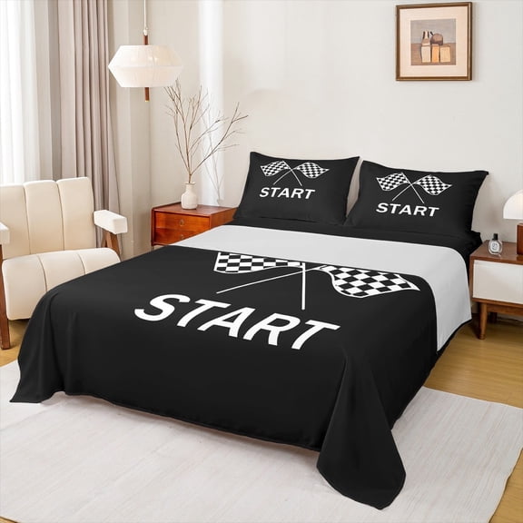 jejeloiu Racing Flag Twin Sheet Sets,Sport Car Twin Fitted Sheet,Black White Flat Sheet For Boys Kids,Lightweight Room Decor,3-Piece