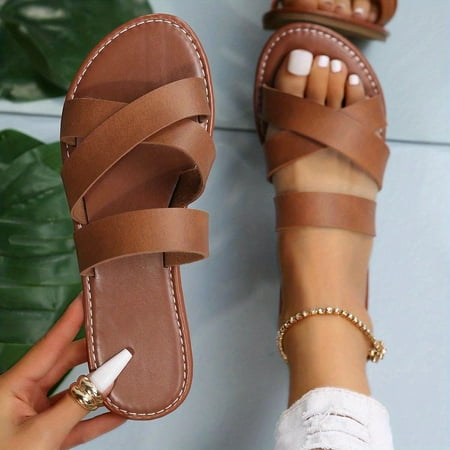 

Women s Casual Open Toe Slip On Beach Sandals Lightweight Cross Strap Flat Slides