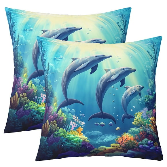 Erosebridal Dolphin Throw Pillow Covers 18"x18" Set of 2 Cute Ocean Animal Jumping Dolphins Cushion Cover Sea Creatures Decorative Pillow Case Pillowcase Marine life Sealife Outdoor Pillows Covers