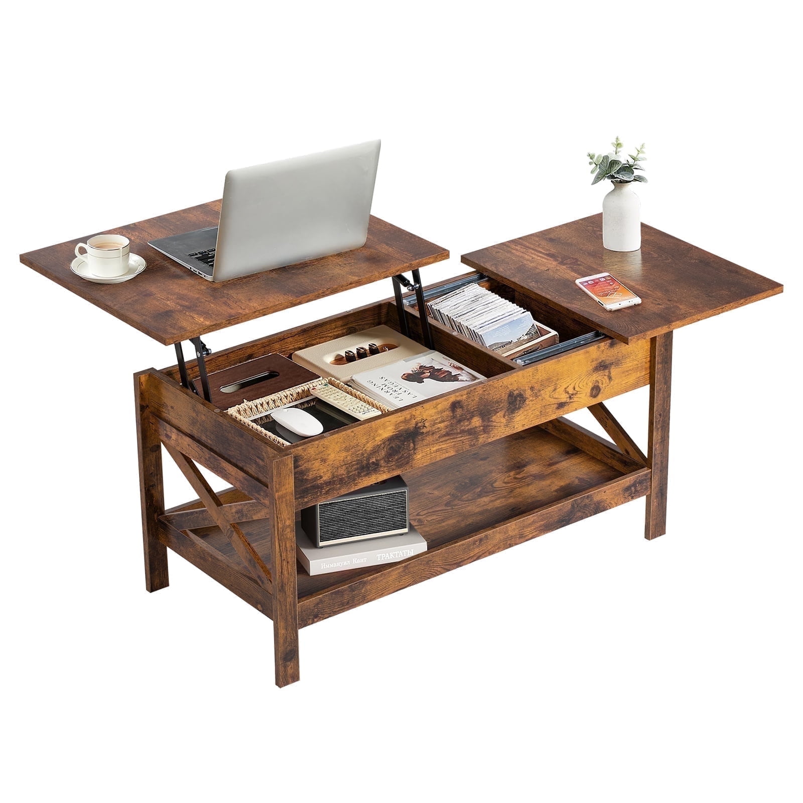 Nalone Coffee Table Lift Top Dining Table with Shelf, Center Table Adjustable Height Tea Tables Wooden Center Tables with Hidden Compartments for Living Room Apartments(Rustic Brown)