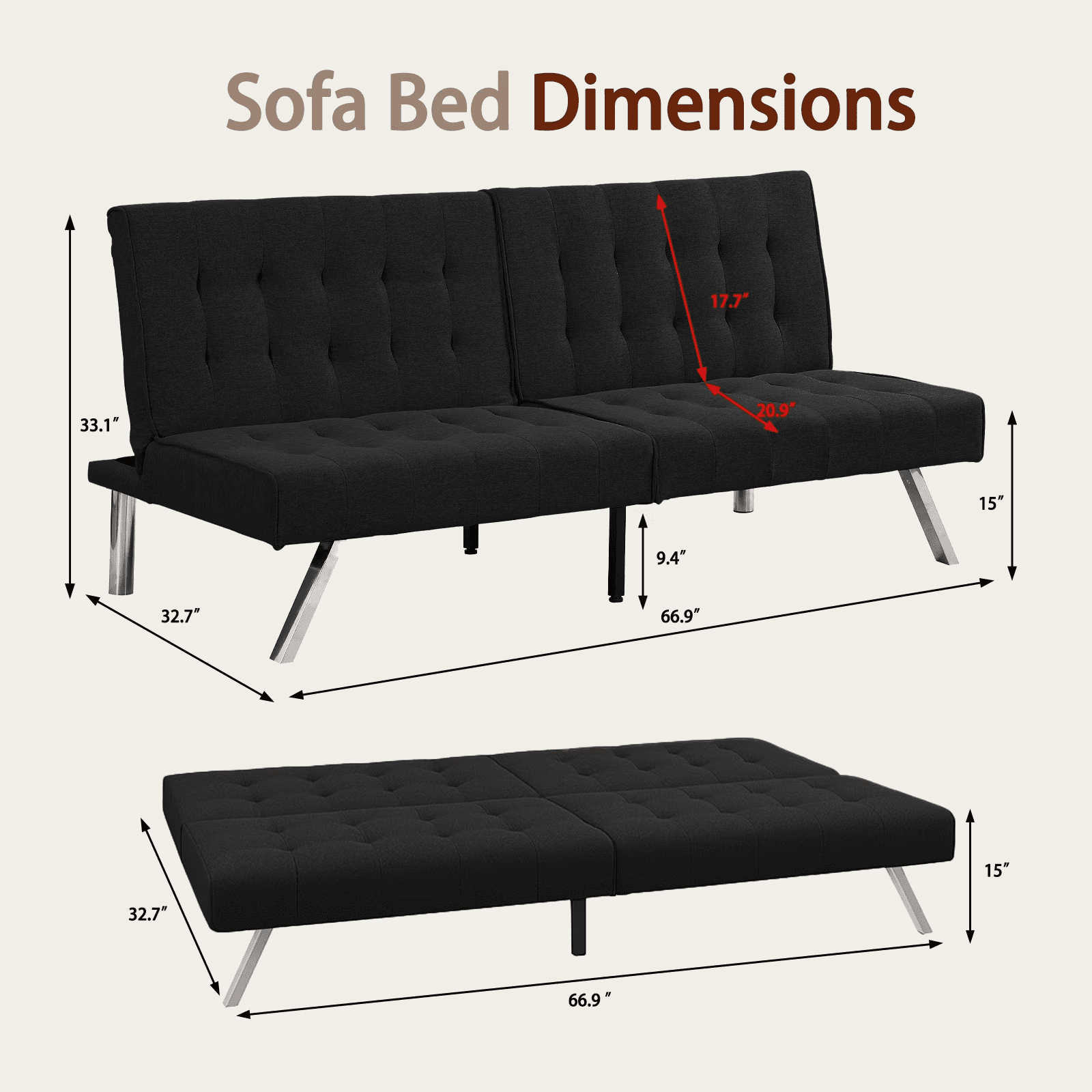 ASINMAK Convertible Sofa Bed Adjustable Couch Sleeper, Fabric Loveseat Futon Bed with Breathable Chenille, Metal Legs, and Adjustable Lounge - Perfect for Compact Living Space - Black