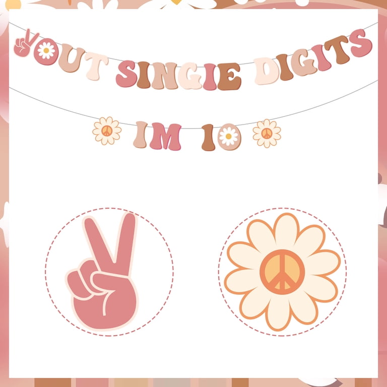 JOYMEMO Boho Groovy 10th Birthday Sash For Girls - Peace Out Single Digits Retro Hippie Party Sash, Rainbow Theme Tenth Birthday Decor