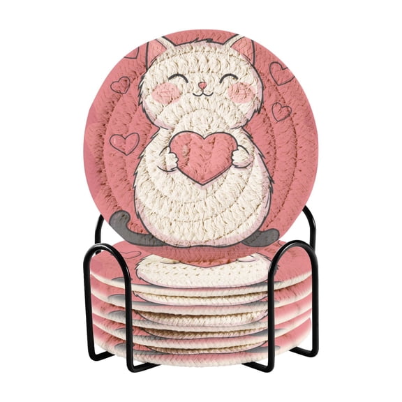 Pink Love Heart Cat Drink Coasters with Holder Absorbent Coaster for Coffee Table Room Decor 6 Pack