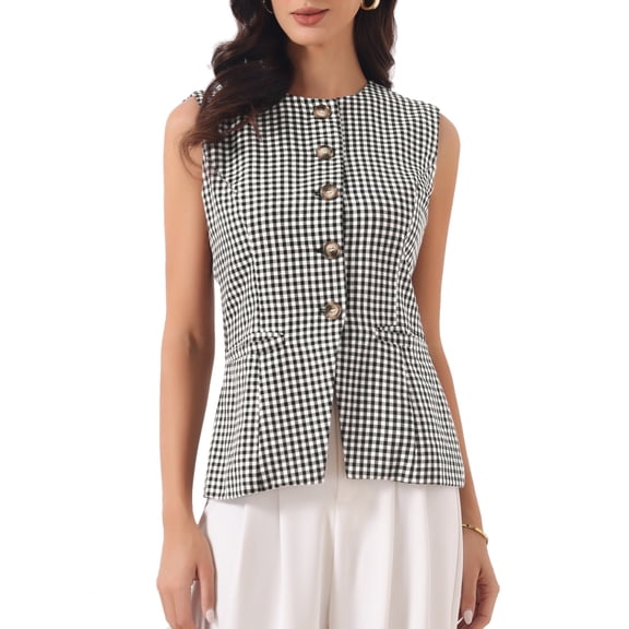 DARING DIVA Women's Plaid Gingham Button Down Sleeveless Crew Neck Vest XS Black