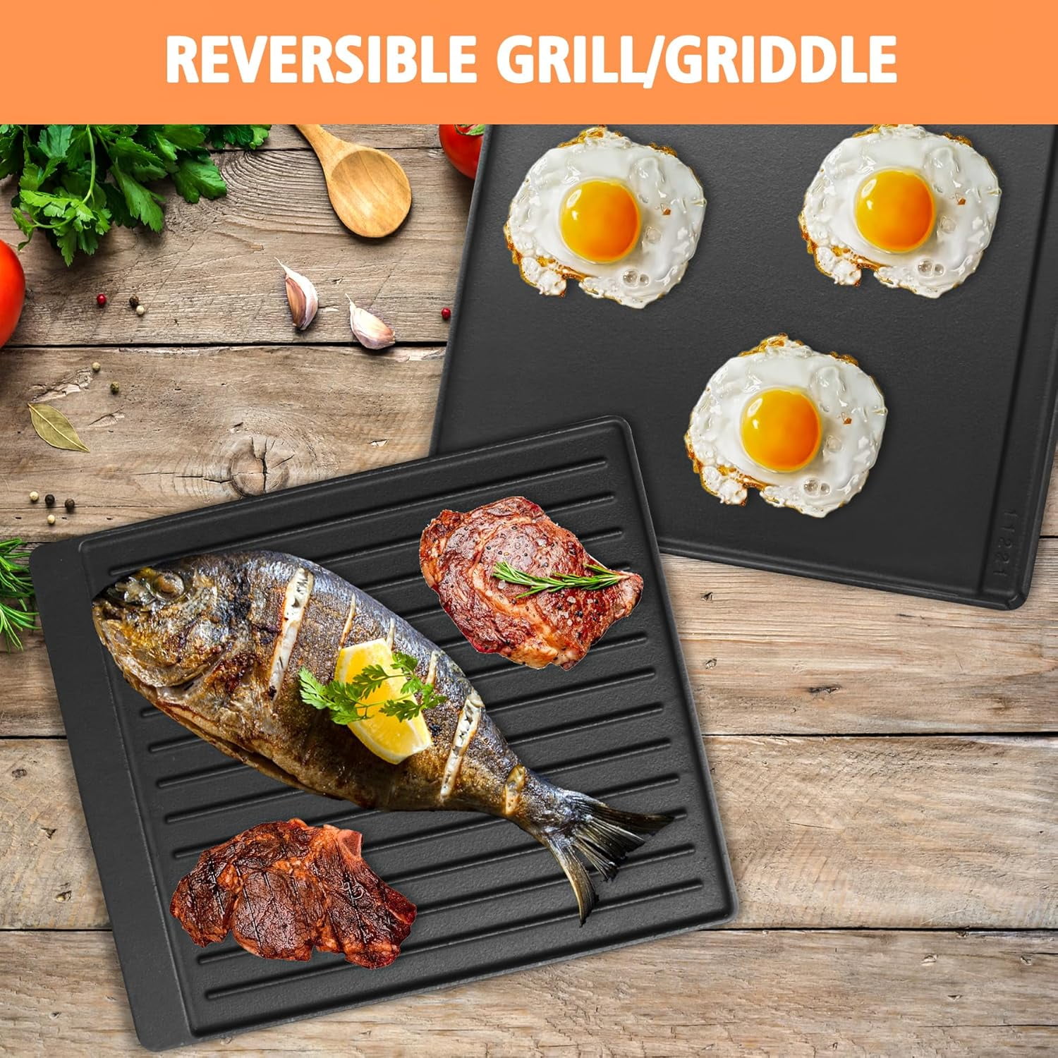 Reversible Pre-Seasoned Cast Iron Griddle, 15” x 12.8”, for Gas Stove, Charcoal, Electric, Propane, and Outdoor Grills