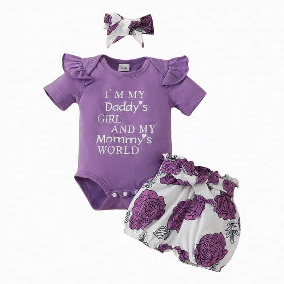 Linfrsh Toddler Summer Outfits Newborn Baby Girl Clothes Deer Puff Short Sleeve Romper Camo Shorts Headband Set 3Pcs Summer Outfit(Purple,3-6 Months)