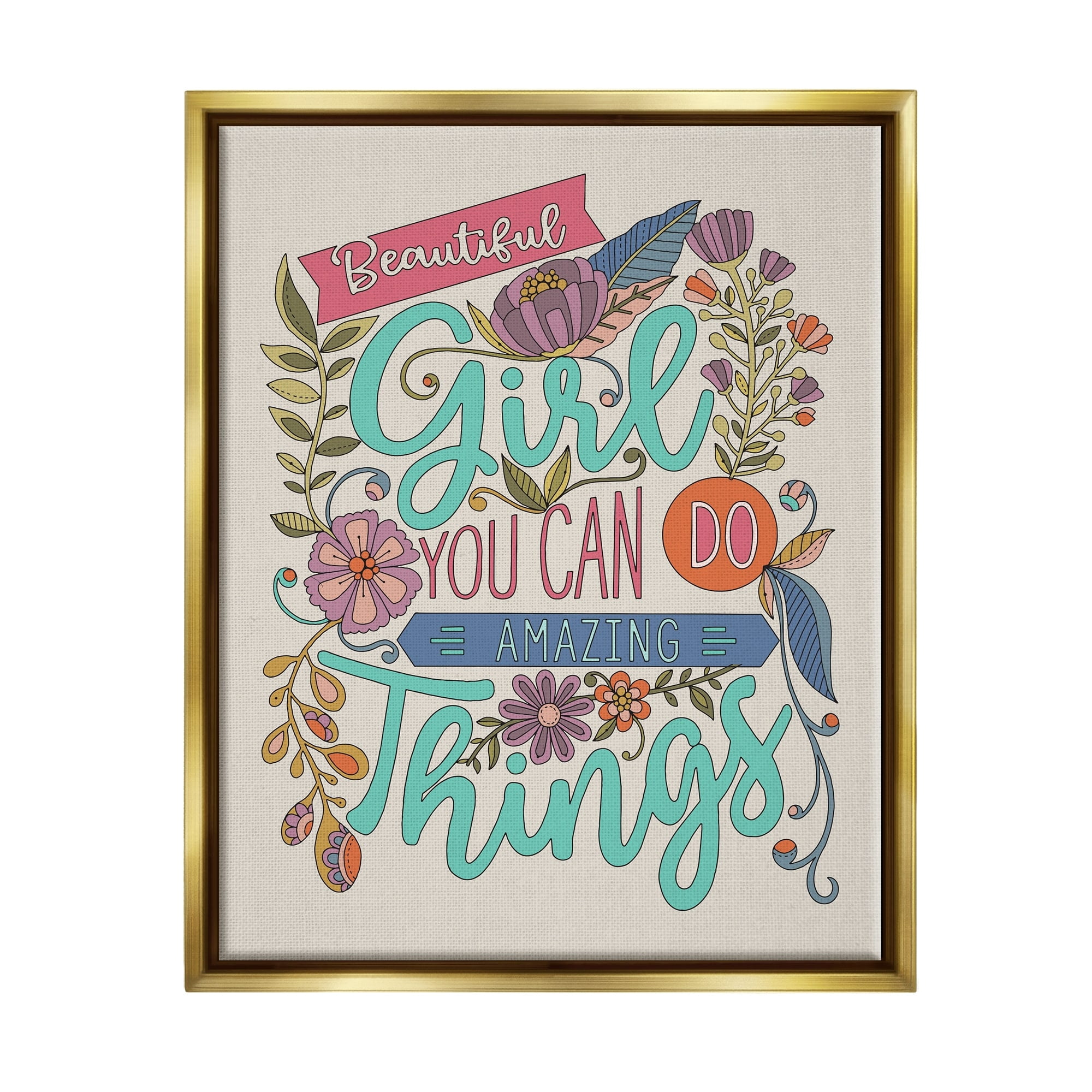 Stupell Industries Girl Power Fun Motivational Intricate Floral Pattern Graphic Art Metallic Gold Floating Framed Canvas Print Wall Art, Design by Valentina Harper