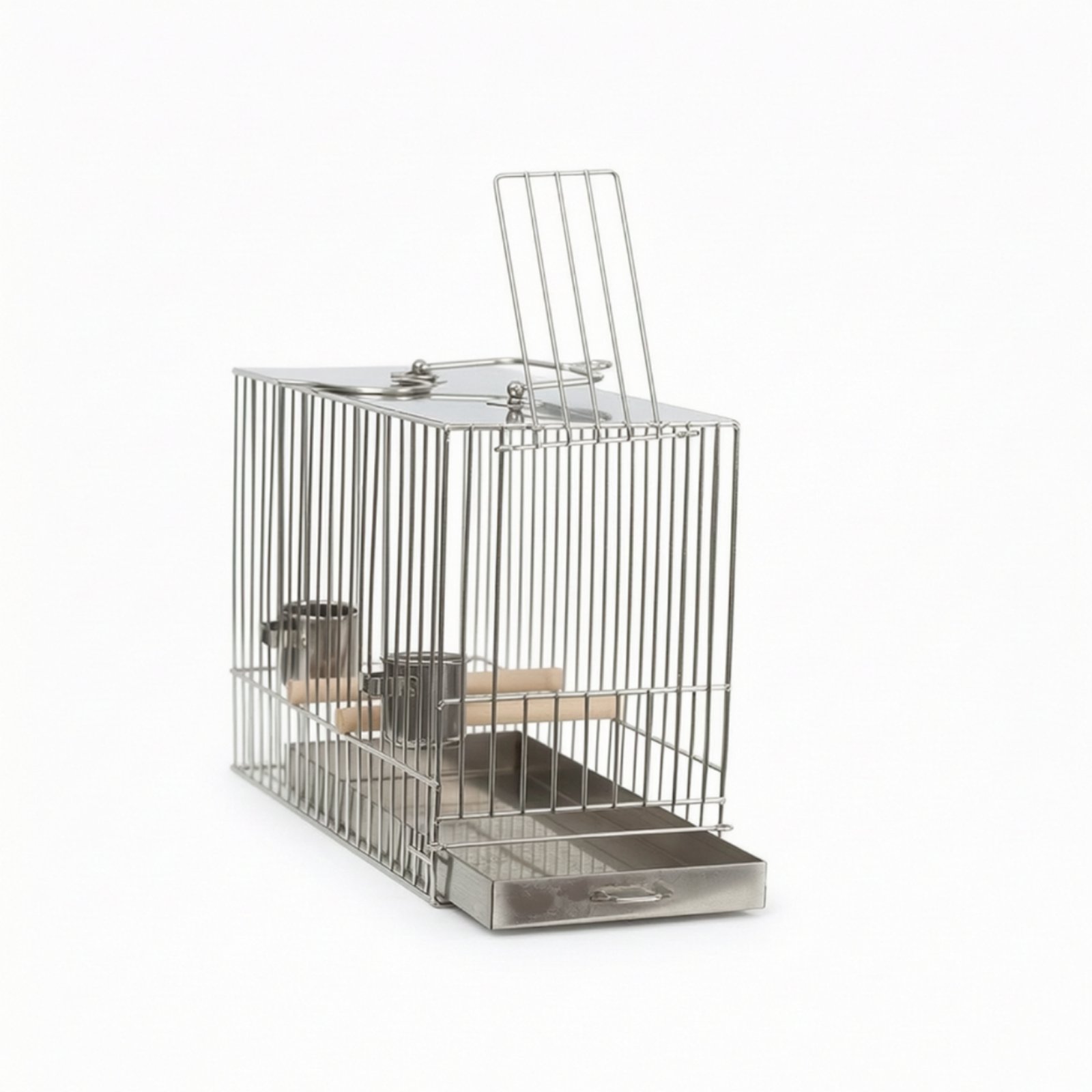 Fzaqwen 1 Bird Bath Cage with Wooden Perch Rust-resistant Silver Finish Enclosure with Pull-out Tray for Small Birds