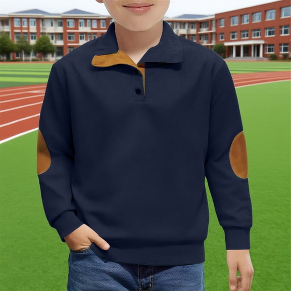 XIMIN Kid Boys Long Sleeve Henry Stand Collar Sweatshirt Pullover Lightweight Quarter Button up Sweatshirt Fall Corduroy Casual Sweatshirts