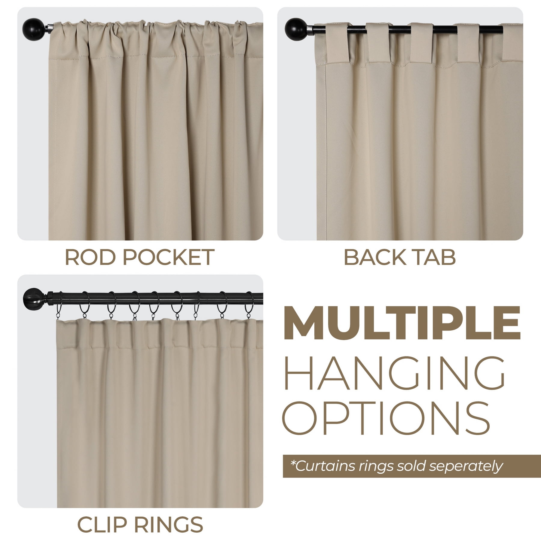 BNM Solid Blackout Back Tab Curtains, Set of 2, 52" x 63", Ivory
