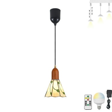 FSLiving Battery Rechargeable Operated Pendant Light with Remote,Tiffany Hanging Light with Green Leaves Glass Shade,Adjustable Height RGB Color,Timer,Dimmable Lamp for Corner Decor - 1 Light