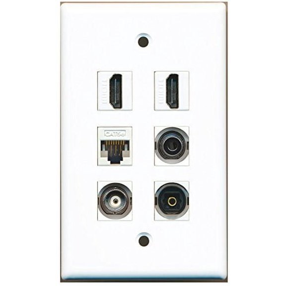 RiteAV - 2 HDMI 1 Port Toslink 1 Port 3.5mm 1 Port BNC 1 Port Cat5e Ethernet White Wall Plate