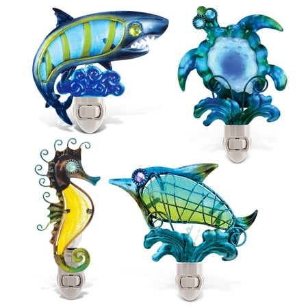 

CoTa Global Ocean Life Night Lights - Sea Turtle Dolphin Sea Horse Shark Home Decor Wall Plug In Night Lights With Switch Decorative Metal Glass Nightlights for Bathroom Kitchen Bedroom 4 Piece